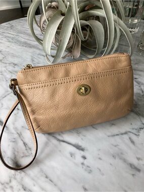 Coach Tan Leather Wristlet Clutch with Gold Turnlock